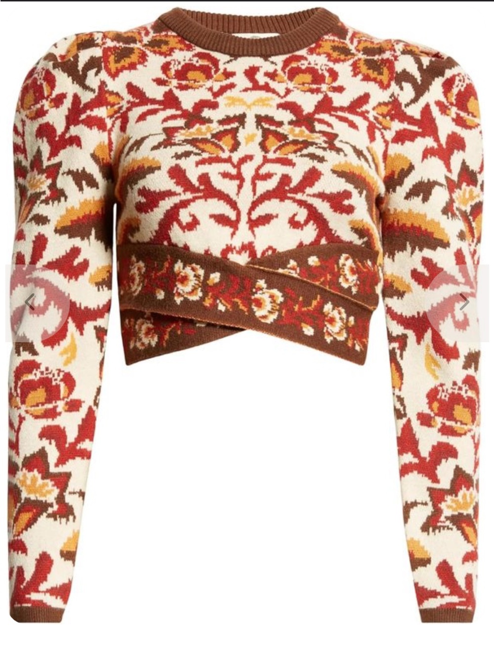 NWOT FARM Rio Cream/Burgundy/Mustard Floral Cropped Knit Sweater Crossover Hem - Picture 5 of 11
